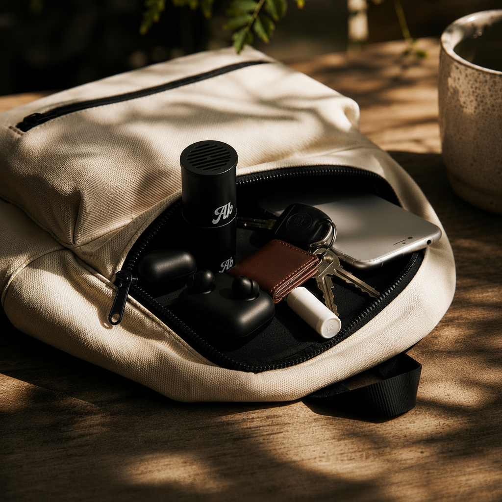 Personal air filter replacement cartridges and accessories in a canvas backpack pouch.